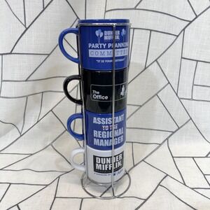 The Office NBC Universal Mug Set 10oz Blue Black White Stackable with Rack 4pc